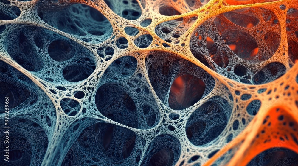 Poster abstract image showcasing intricate web-like structures in orange and blue tones, perfect for scienc