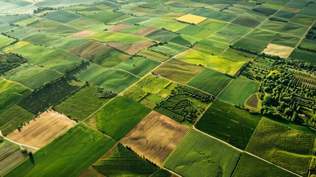 Aerial view of lush farmland in a vibrant patchwork displaying diverse crops and fields in the countryside during sunny weather