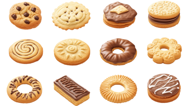 assorted homemade cookies and biscuits collection isolated on transparent background