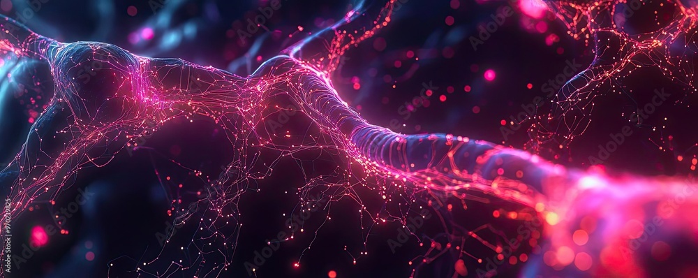 Poster Vibrant abstract background with glowing particles and colorful lines, symbolizing energy and connectivity in a digital universe.