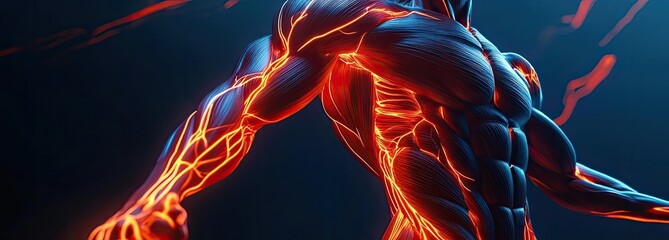 A dynamic representation of a muscular figure surrounded by vibrant energy, showcasing strength and vitality in a modern design.