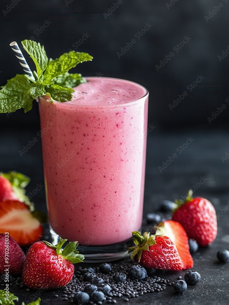 Wall mural fresh strawberry smoothie garnished with mint leaves, served in a clear glass on a dark background w