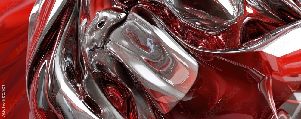 Poster a dynamic blend of red and metallic textures, showcasing fluid shapes and reflections, ideal for abs