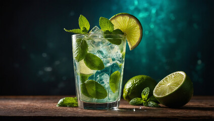 Fototapeta premium Chilled mojito cocktail with lime slices and mint leaves, dramatically backlit to emphasize the condensation on the glass.