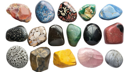 assorted polished gemstones collection for jewelry making and education isolated on transparent background