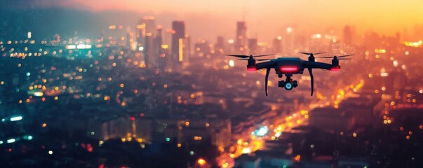 A futuristic drone capturing an aerial view of a modern city skyline at night, exploring urban landscapes in a high-tech environment.