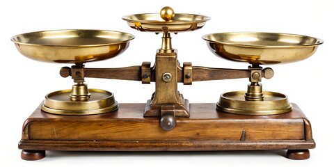A delicate balance of style and functionality resides within this vintage scale, its brass pans and weights a