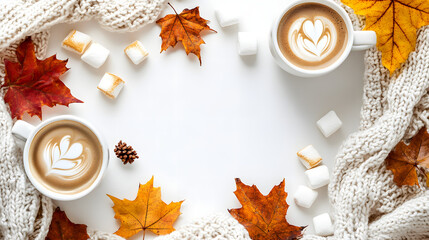1Framed material on white background surrounded by autumn leaves and berries, Generative AI.