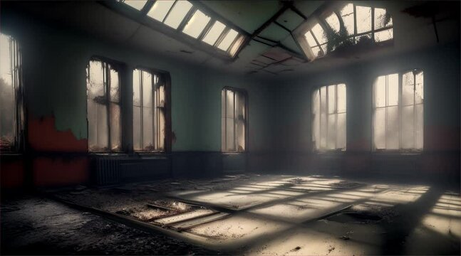 Old abandoned building. Inside a dark and scary abandoned factory with sunlight coming from the windows.