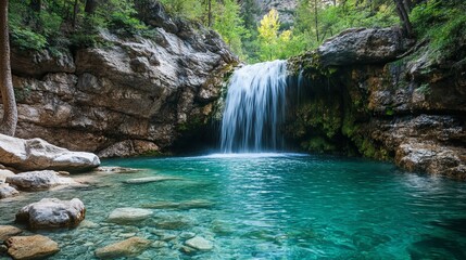 Tranquil Waterfall Cascading into a Turquoise Pool Surrounded by Lush Greenery