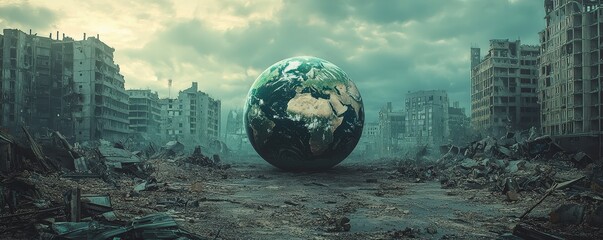 A globe of Earth positioned in a ruined cityscape, illustrating the impact of environmental destruction and the critical need for ecological restoration.