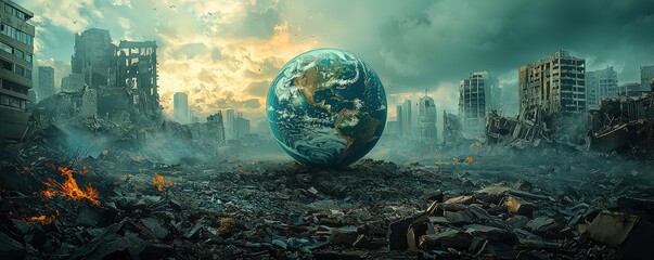 A globe of Earth positioned in a ruined cityscape, illustrating the impact of environmental destruction and the critical need for ecological restoration.