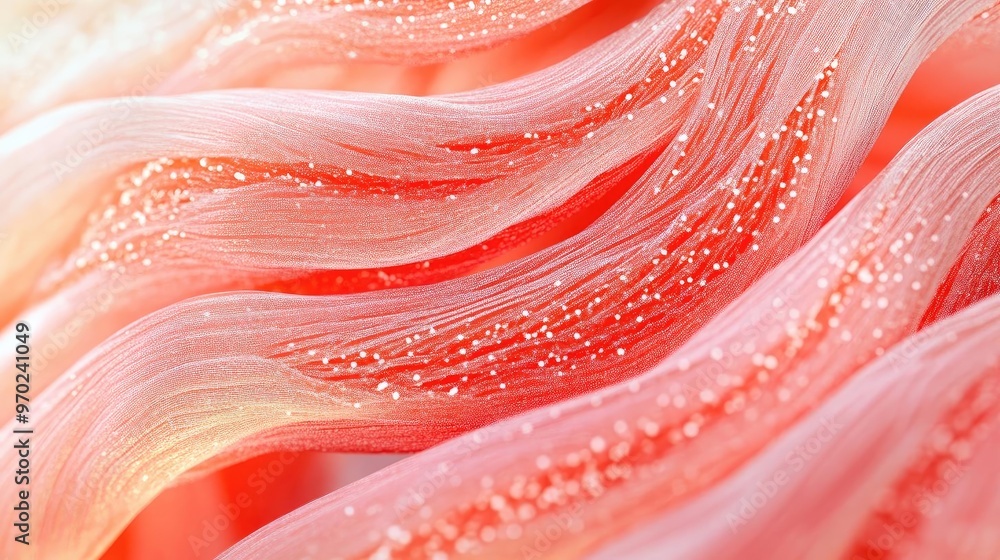 Poster a close-up view of flowing coral pink fabric with shimmering strands, creating an elegant and soft a