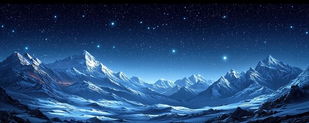 Nighttime mountain landscape under a starry sky, with shimmering stars casting a serene glow over rugged peaks.