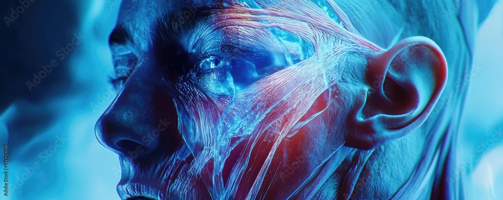 Poster close-up of a human face showcasing intricate muscle structures with a blue and red color scheme, hi