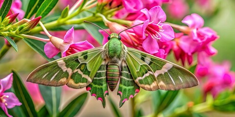 Obraz premium A green hawk moth with delicate patterns on its wings and a spotted body flutters near a cluster