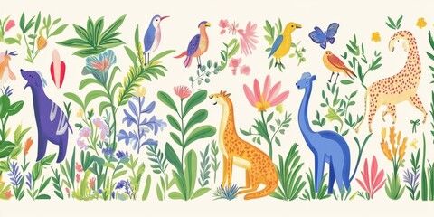 Obraz premium animal and plant patterns, children's illustration style