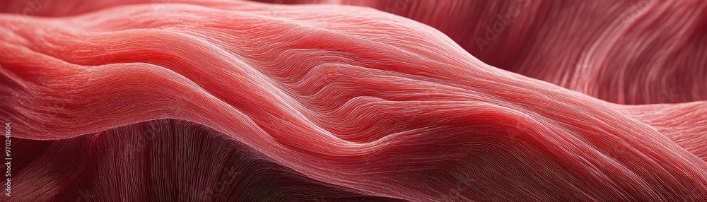 Poster close-up of soft, textured red fibers creating a flowing pattern. ideal for abstract background or a