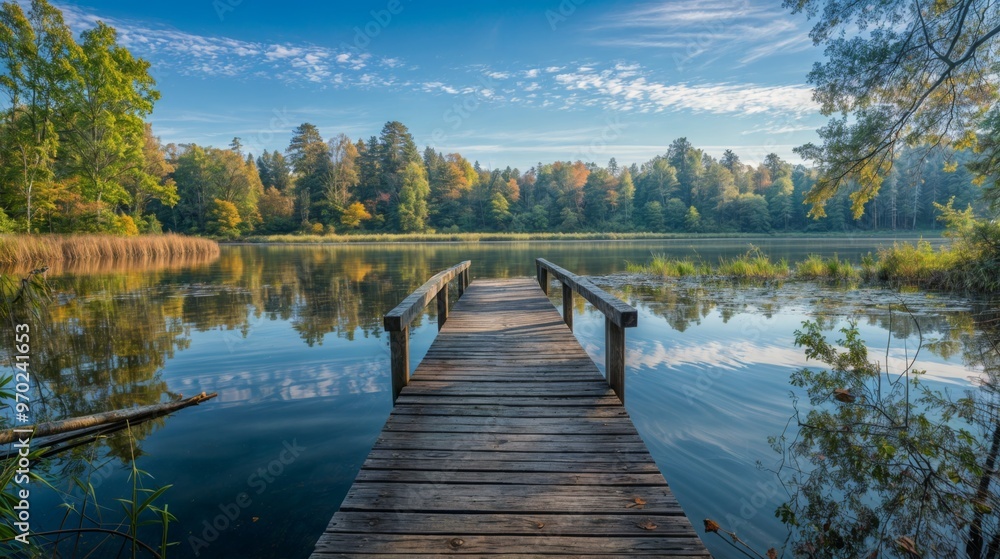 Poster a tranquil scene of a wooden dock extending over a calm lake, surrounded by trees and reflecting a p