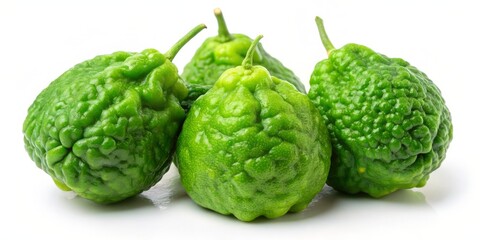 Obraz premium * Aji lemons with a dynamic, bumpy texture and vibrant green hue sit elegantly on a crisp white