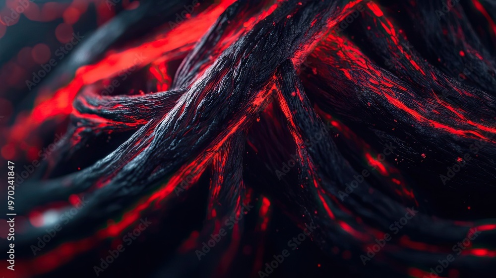 Poster abstract image showcasing intertwining strands with a striking blend of black and red colors, evokin