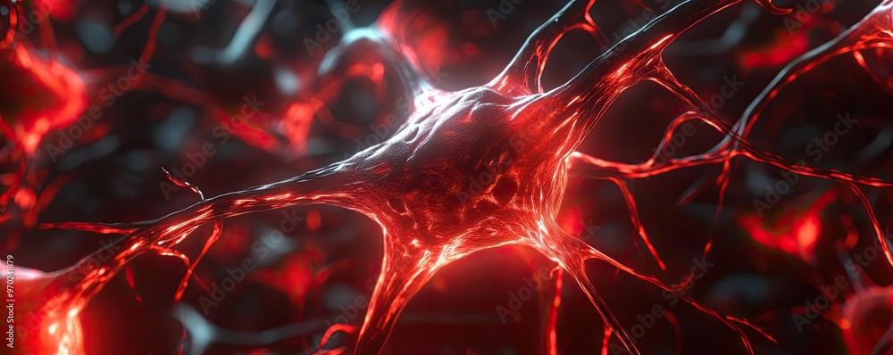 Poster a close-up view of a neuron exhibiting vibrant red colors, showcasing the intricate structure of neu