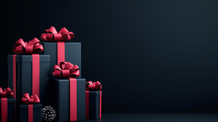 Stack of elegant black gift boxes with red bows, luxurious holiday presents, minimalistic design, festive Christmas season, sophisticated and classy gift wrapping