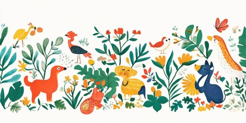 Illustration of flower and animal doodles, illustration set of children's themes