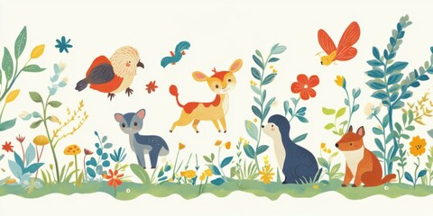 Illustration of flower and animal doodles, illustration set of children's themes