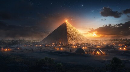 Cursed ancient pyramid glowing orange lights reflecting off the stone