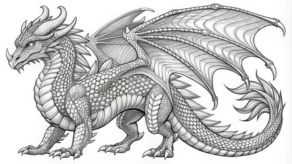 A majestic dragon illustration, featuring intricate scales shining like jewels, sharp claws grasping the air, and