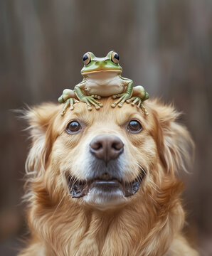a frog sitting on top of a dog's head