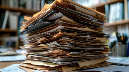 Obraz premium Disorganized stack of paperwork in an office environment, illustrating a cluttered and overwhelmed desk space.