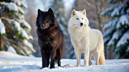 Obraz premium A majestic white wolf stands beside a sleek black wolf, their contrasting coats a striking tableau in snowy