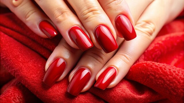 A masterclass in understated luxury, these hands boast robust red nails, neatly trimmed and buffed to a subtle