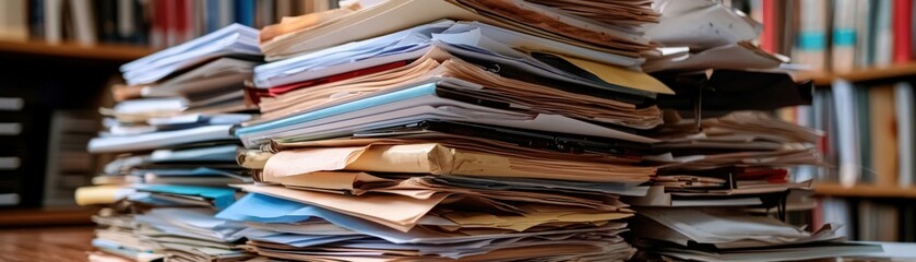 A chaotic stack of office documents, creating a visual of clutter and disarray in a busy work environment.