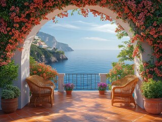 Fototapeta premium Serene Mediterranean Patio with Ocean View, Wicker Chairs, and Scenic Coastal Cliffs under Clear Blue Skies. Relaxing Outdoor Living Space with Natural Elements and Coastal Charm