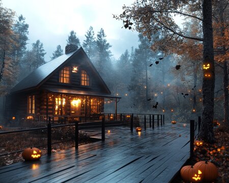Eerie cabin in the woods glowing pumpkins on the porch