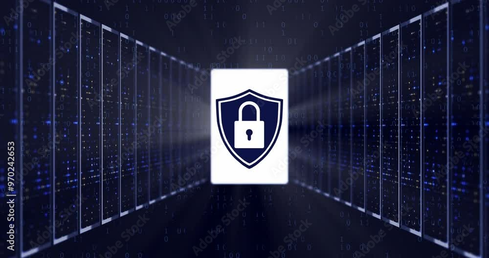 Poster Digital lock, cybersecurity and circuit board for privacy of data security, software programming and coding safety. Background, cpu and information technology, storage encryption and cloud computing