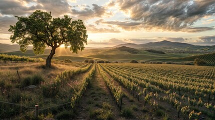 A picturesque vineyard bathed in golden sunset light, featuring a lone tree standing against rolling hills and cloudy skies..