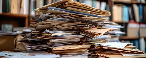 Cluttered stack of papers in an office setting, highlighting the disorganized and hectic nature of the workspace.