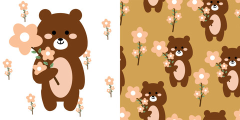 Obraz premium Cards and patterns of cartoon brown bears and flowers. cute wallpaper and cards for fabric prints, gift wrapping paper