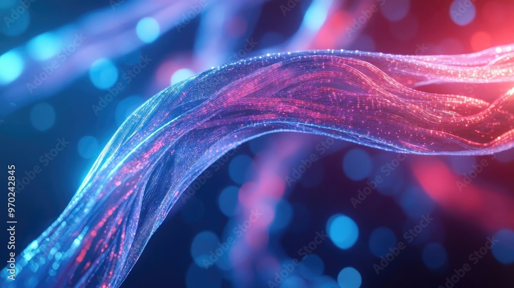 Poster abstract vibrant waves of light flow through a dark background, creating a dynamic and energetic atm