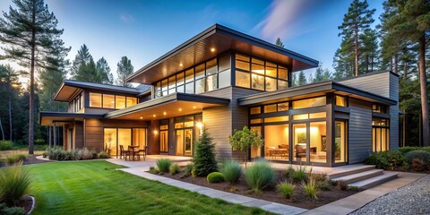 Obraz premium * A modern homestead blends sustainability with clean lines and natural materials, bathed in light and boasting a