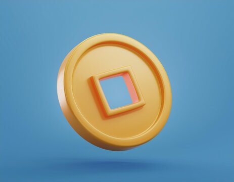 A golden coin with a square hole in the center, 3D illustration