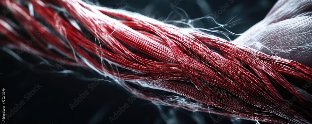 Poster close-up of red threads intertwined, showcasing texture and detail in a dramatic lighting setting, i