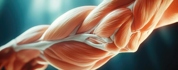 Close-up of human muscle fibers showcasing their intricate details and structure, emphasizing strength and anatomical beauty.