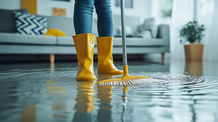 Person in yellow boots mopping flooded living room, water damage cleanup, home disaster, residential flooding, cleaning equipment, wet floor, interior, disaster recovery