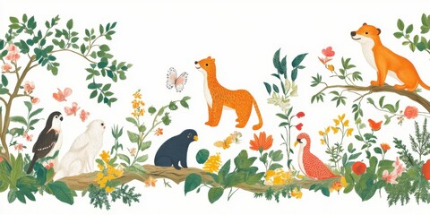 Obraz premium collection of animals and plants with white background, children's theme illustration, for education