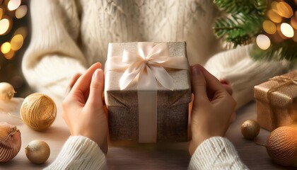 Cozy Gift Opening Moment Scene - Hands in a warm, knitted sweater carefully opening a beautifully wrapped Christmas gift with a shiny ribbon. Graphic art illustration